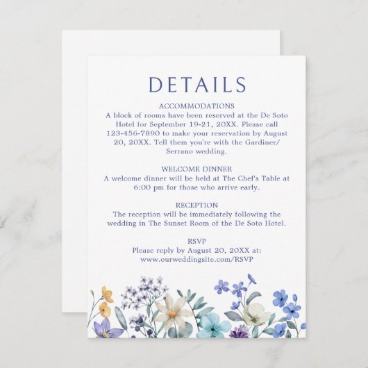 ほこりっぽいティール(緑がかった色)ブルーワイルドフラワー結婚ズ詳細 エンクロージャーカード (正面/裏面)