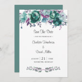 ほこりっぽいティール（緑がかった色）プラムウォーターカラーフローラ結婚ズ セーブザデート (正面/裏面)