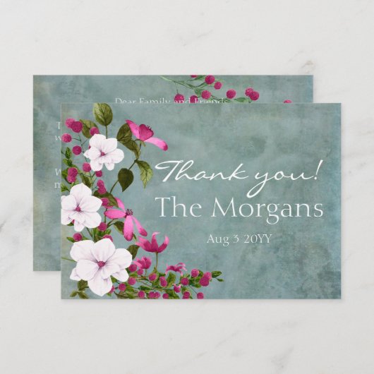 ほこりっぽいティール(緑がかった色)ホワイトマゼンタグリーンフローラ サンキューカード (正面/裏面)