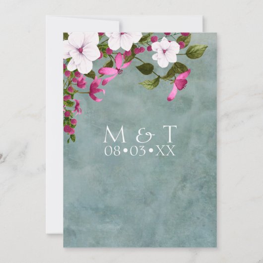 ほこりっぽいティール（緑がかった色）ホワイトマゼンタグリーンフローラ 招待状 (裏面)