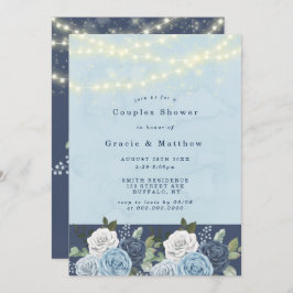 ほこりっぽいネイビーブルー牡丹ライトカップルシャワー招待状