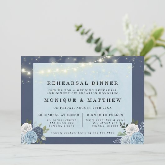 ほこりっぽいネイビーブルー牡丹ライトリハーサルディナー 招待状 (スタンド正面)