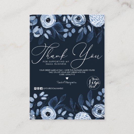 ほこりっぽいネイビー水色フローラお客様ありがとう 名刺 (正面)