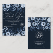 ほこりっぽいネイビー水色フローラお客様ありがとう 名刺 (正面/裏面)