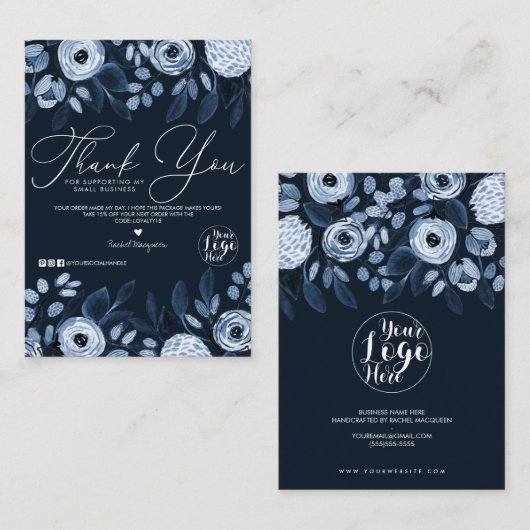 ほこりっぽいネイビー水色フローラお客様ありがとう 名刺 (正面/裏面)