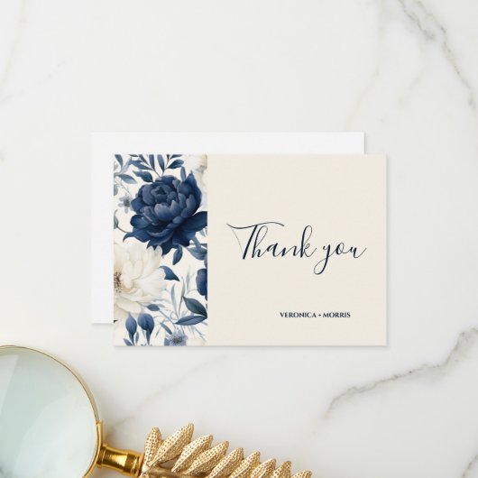 ほこりっぽいネイビー結婚ルフローラ サンキューカード (正面/裏面インサイチュ)