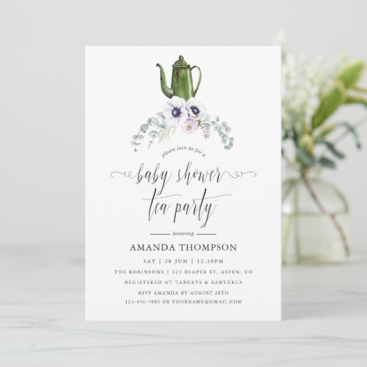 ほこりっぽいバイオレットフローラベビーシャワーティーパーティー 招待状 (スタンド正面)