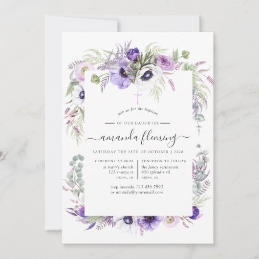 ほこりっぽいバイオレットポピーフローラバプテスマまたは《キリスト教》洗礼式や命名式 招待状 (正面)