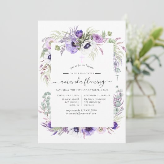 ほこりっぽいバイオレットポピーフローラバプテスマまたは《キリスト教》洗礼式や命名式 招待状 (スタンド正面)