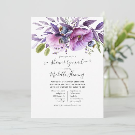 ほこりっぽいバイオレットポピーフローラベビーシャワーbyメール 招待状 (スタンド正面)