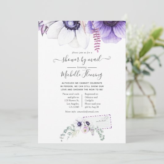 ほこりっぽいバイオレット水色フローラベビーシャワーbyメール 招待状 (スタンド正面)