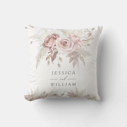 ほこりっぽいバラとアイボリー結婚フローラの記念日 クッション (正面)