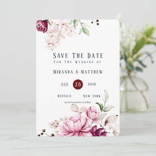 ほこりっぽいバラとピンク牡丹は日付カードを保存 招待状 (スタンド正面)