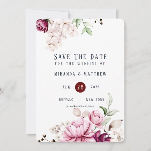 ほこりっぽいバラとピンク牡丹は日付カードを保存 招待状 (正面)