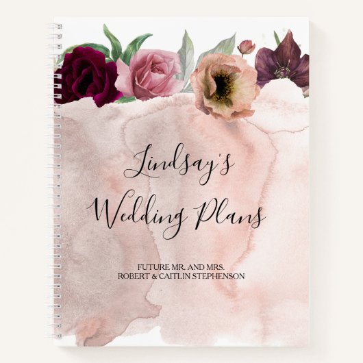 ほこりっぽいバラとブルゴーニュ・レッド・ロマン結婚マン ノートブック (正面)