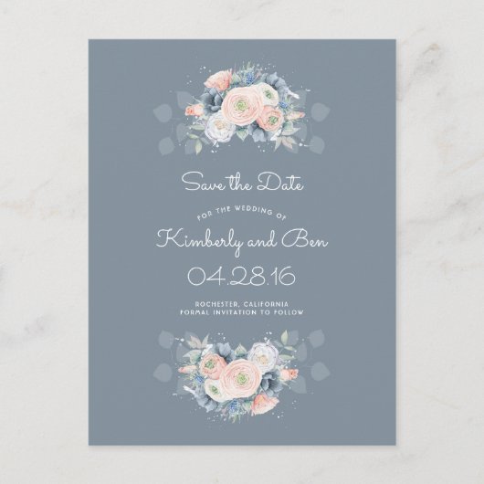 ほこりっぽいバラと淡い色の青フローラ日付を保存 案内ポストカード (正面)