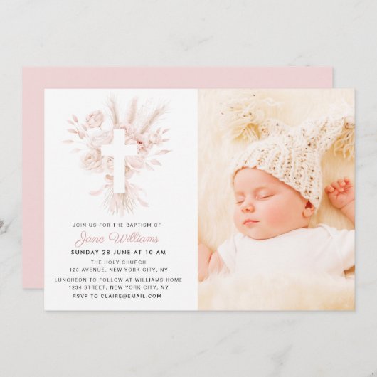ほこりっぽいバラと白い花模様バプテスマ写真 招待状 (正面/裏面)