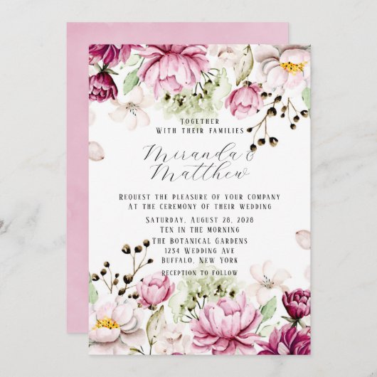 ほこりっぽいバラと赤面ピンクピ絵を描オニー結婚ズ 招待状 (正面/裏面)