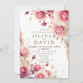 ほこりっぽいバラと金ゴールドエレガントフラワー結婚ズ 招待状 (正面)