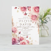 ほこりっぽいバラと金ゴールドエレガントフラワー結婚ズ 招待状 (スタンド正面)