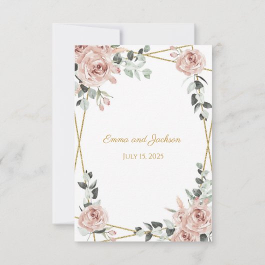 ほこりっぽいバラと金ゴールドフレームのフローラ結婚の 招待状 (裏面)