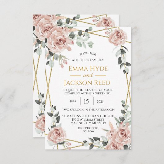 ほこりっぽいバラと金ゴールドフレームのフローラ結婚の 招待状 (正面/裏面)