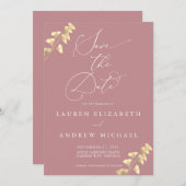 ほこりっぽいバラと金ゴールド日付の保存招待状 招待状 (正面/裏面)