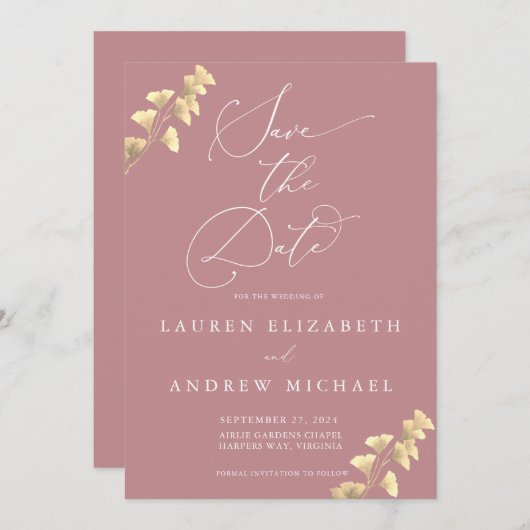 ほこりっぽいバラと金ゴールド日付の保存招待状 招待状 (正面/裏面)