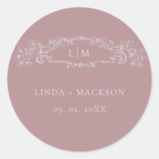 ほこりっぽいバラの植物のクレストモノグラム結婚ズ ラウンドシール (正面)