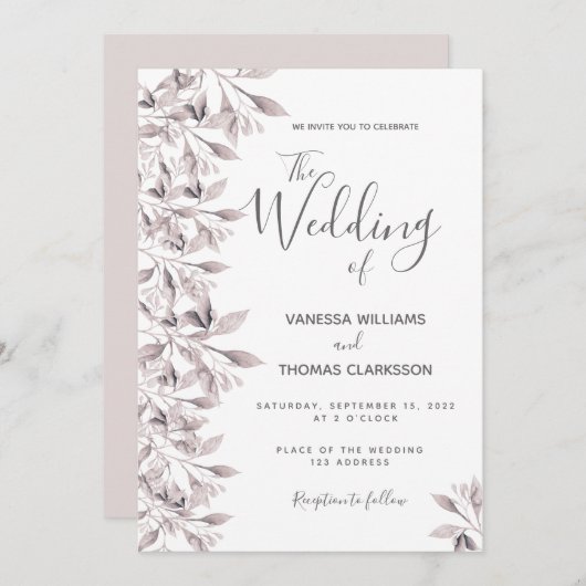 ほこりっぽいバラの植物の葉の結婚スクリプト 招待状 (正面/裏面)