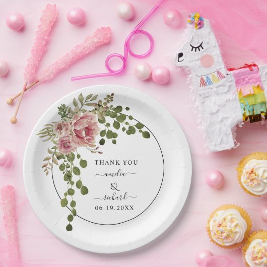 ほこりっぽいバラの水色の花ありがとう結婚。 ペーパープレート (パーティー)
