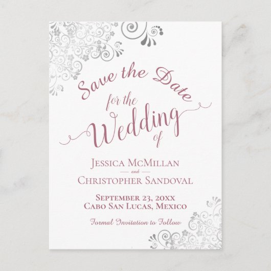 ほこりっぽいバラの白レースのようい結婚式の日付を保存 案内ポストカード (正面)
