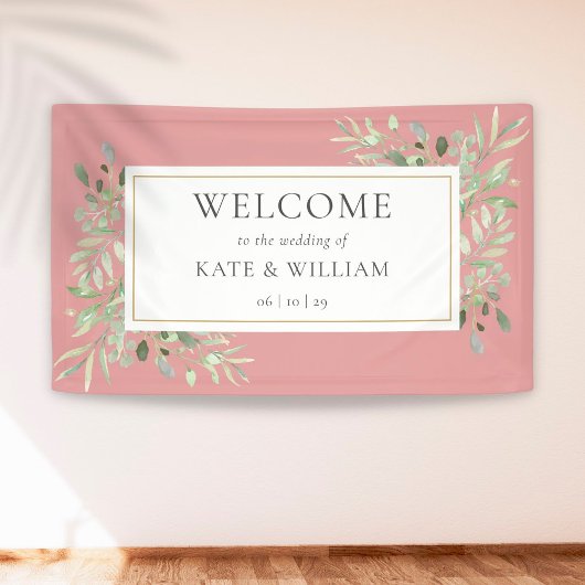 ほこりっぽいバラの緑結婚の葉の歓迎 横断幕