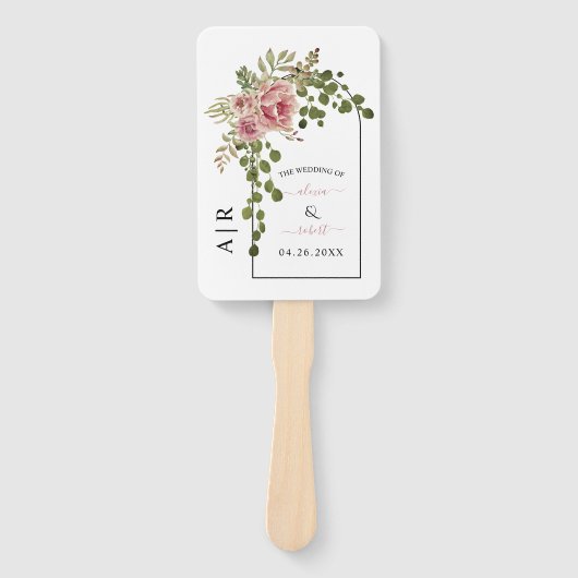 ほこりっぽいバラの花のアーチ、イニシャルの結婚式プログラム ハンドファン (正面)