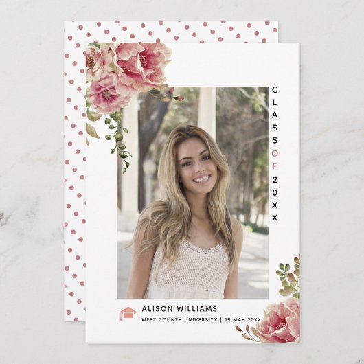 ほこりっぽいバラの花2025年クラス卒業写真 案内状 (正面/裏面)