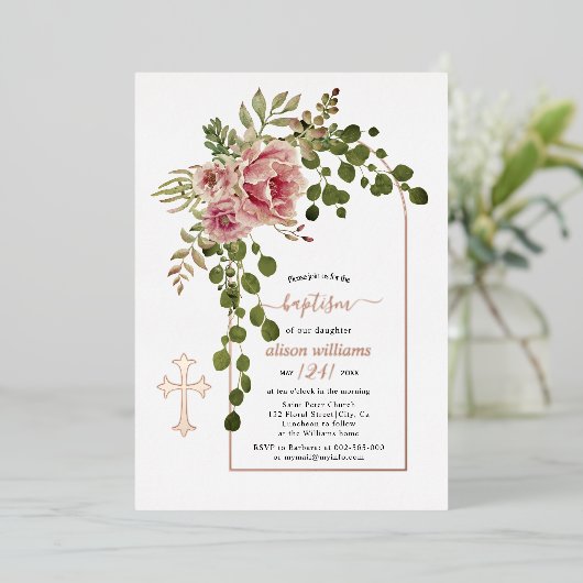 ほこりっぽいバラの花、アーチフローラバプテスマバラ金ゴールド 箔招待状 (立ち正面)