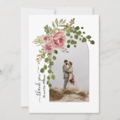 ほこりっぽいバラの花、写真とアーチ結婚ング サンキューカード (正面)