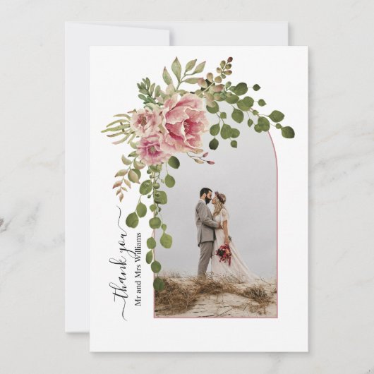 ほこりっぽいバラの花、写真とアーチ結婚ング サンキューカード (正面)