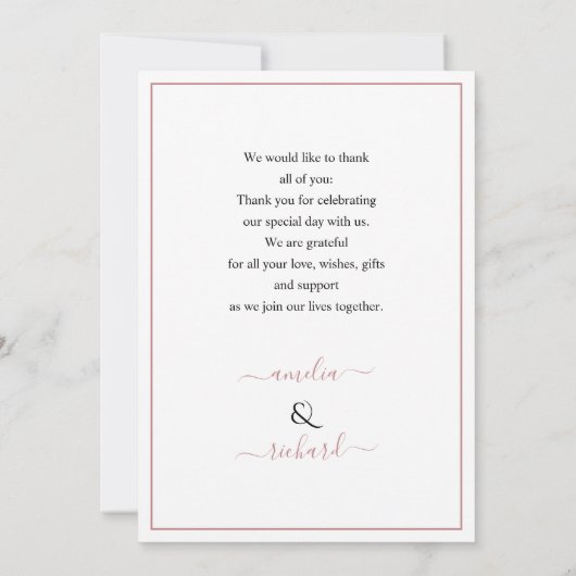 ほこりっぽいバラの花、写真とアーチ結婚ング サンキューカード (裏面)