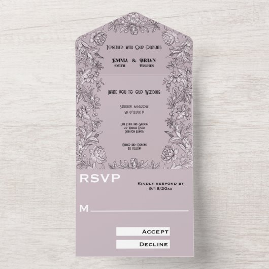 ほこりっぽいバラは、1つの結婚式の招待ですべてのフローラをエッチング オールインワン招待状 (内側)