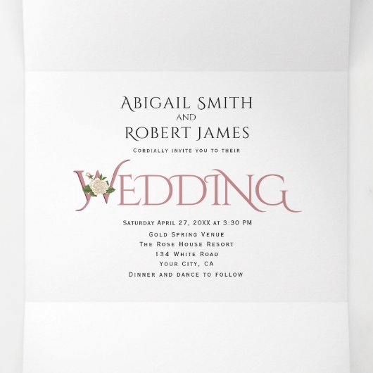 ほこりっぽいバライニシャルとアンパサンド、バラ結婚ズ 三つ折り招待状 (内部中)