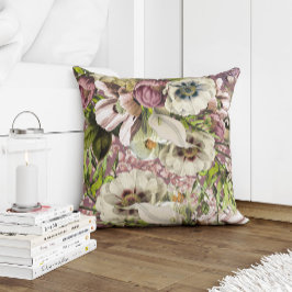 ほこりっぽいバラエメラルドグリーンと白い灰色の花 クッション