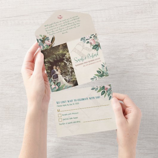 ほこりっぽいバラグリーンボタニカルフローラエレガントな結婚式 オールインワン招待状 (貼ってはがせる)