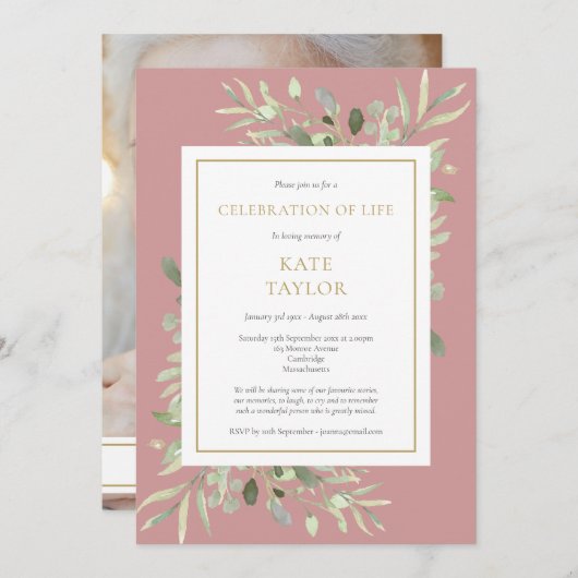 ほこりっぽいバラグリーンリーお祝いの人生 招待状 (正面/裏面)