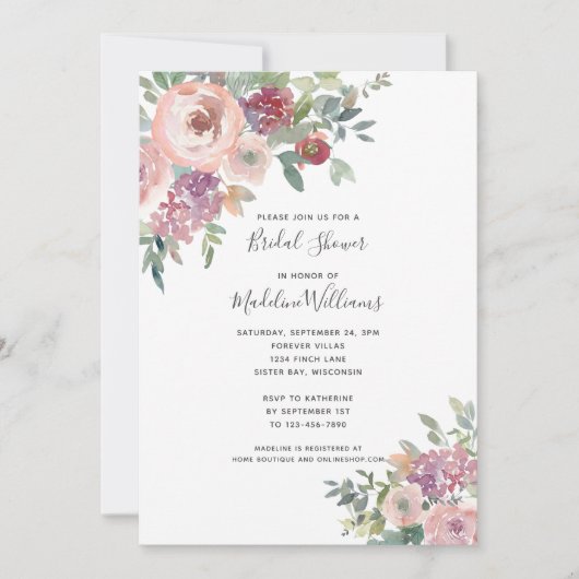 ほこりっぽいバラグリーンリーブライダルシャワー招待 招待状 (正面)