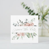 ほこりっぽいバラグリーンリーユーカリ日付を保存 案内状 (スタンド正面)