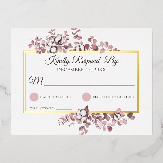 ほこりっぽいバラサザンコットンボタニカルウェディングRSVP 箔招待状ポストカード (正面)