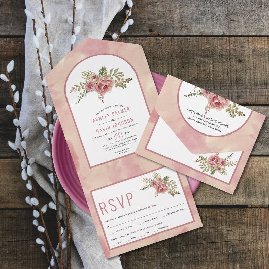 ほこりっぽいバラサボテン葉の花、フローラ結婚のa オールインワン招待状