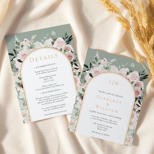 ほこりっぽいバラシンプルセージのモノグラムオールインワン結婚ズ 招待状