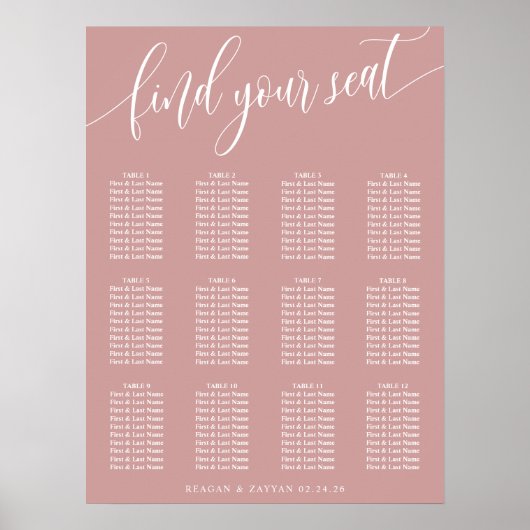 ほこりっぽいバラシンプルピンク結婚の座席表 ポスター (正面)